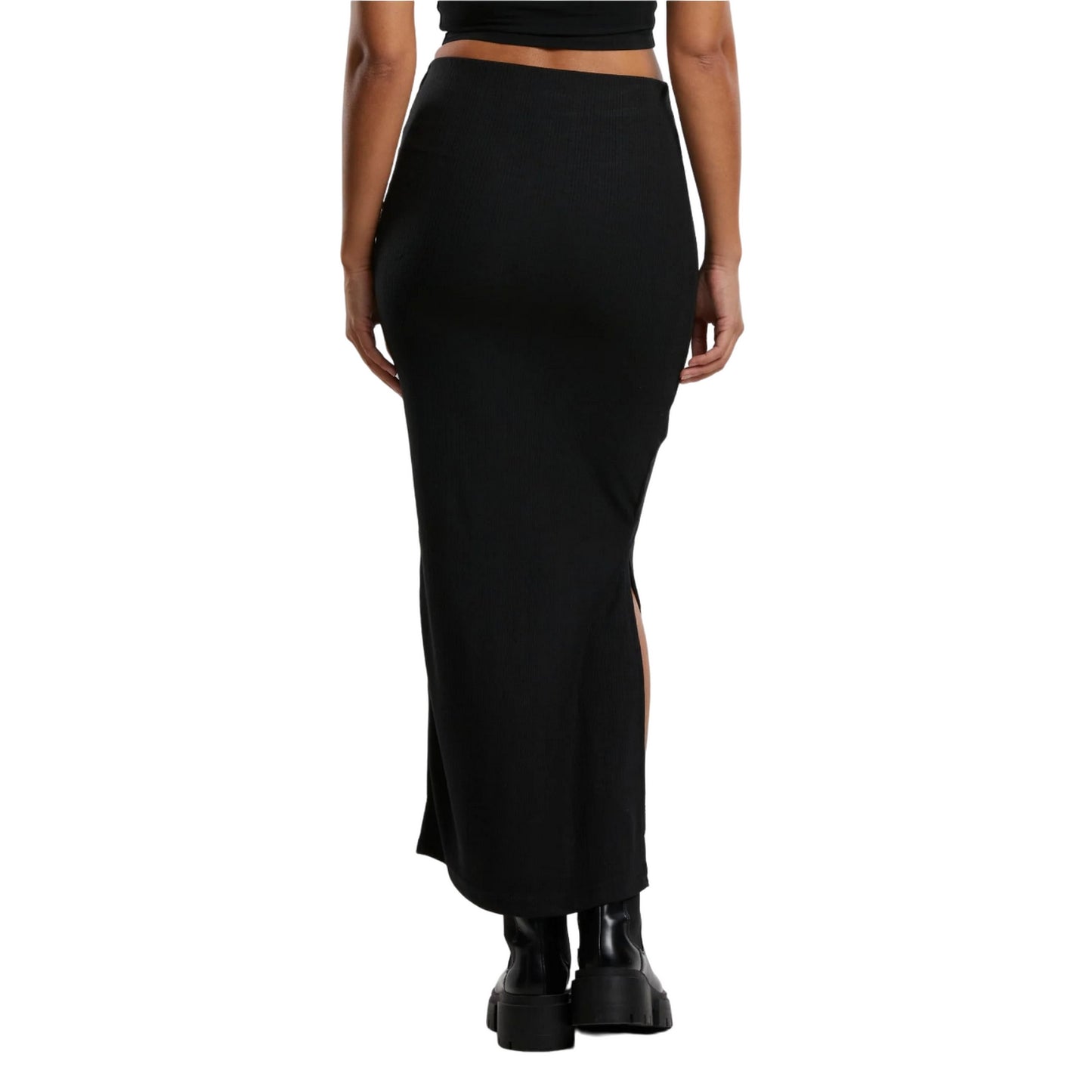Black - Back - Urban Classics Womens-Ladies Ribbed High Slit Maxi Skirt