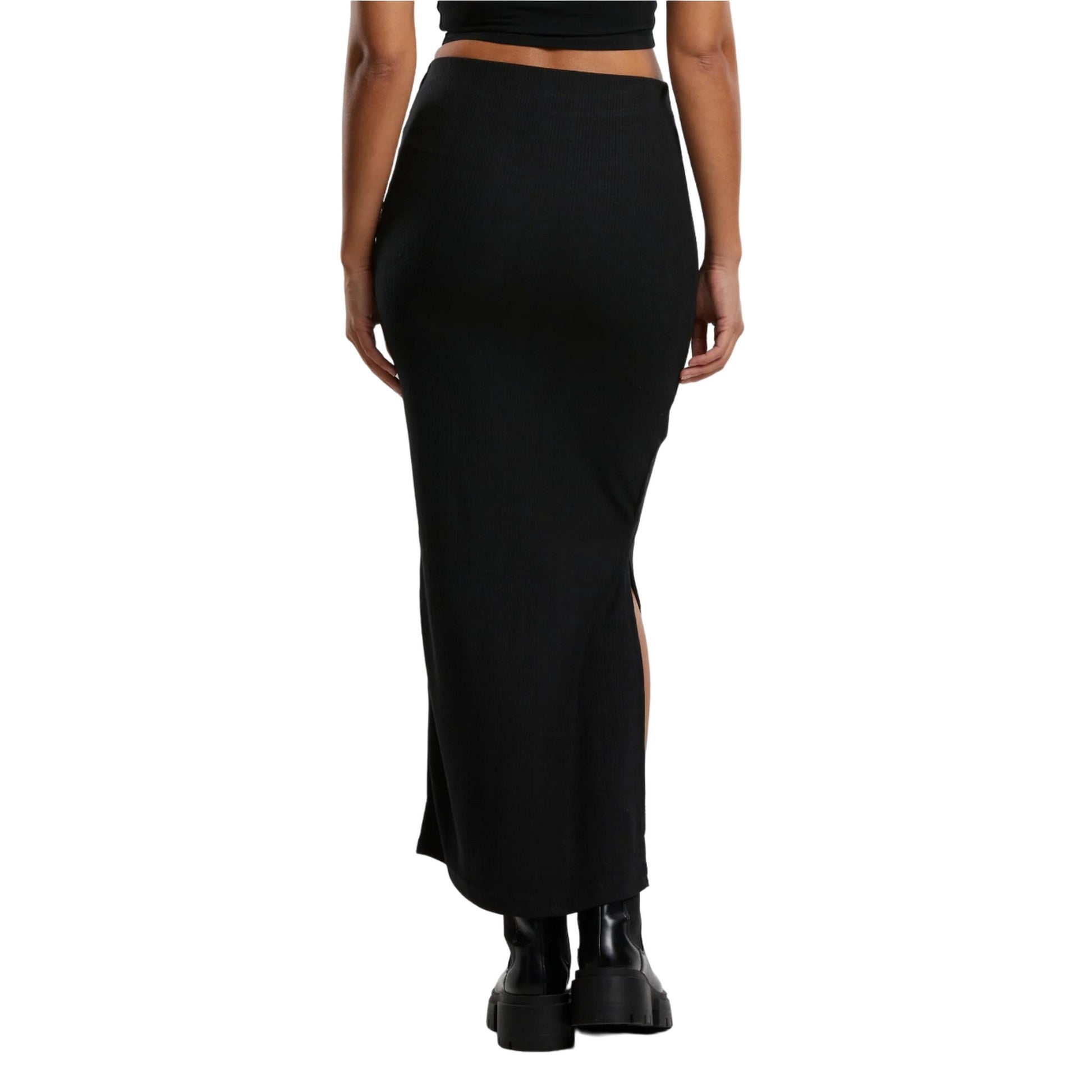Black - Back - Urban Classics Womens-Ladies Ribbed High Slit Maxi Skirt