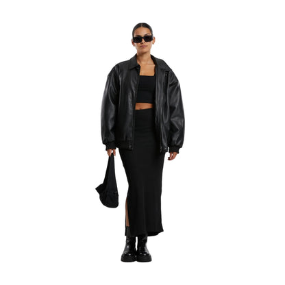 Black - Side - Urban Classics Womens-Ladies Ribbed High Slit Maxi Skirt