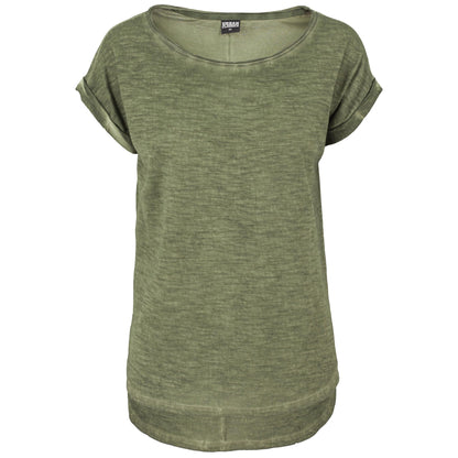 Olive - Front - Urban Classics Womens-Ladies Spray Dye Dipped Hem T-Shirt