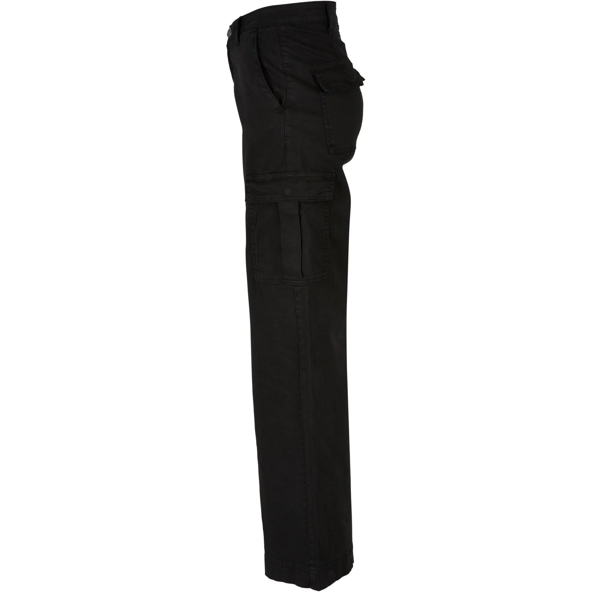 Black - Side - Urban Classics Womens-Ladies Twill High Waist Wide Leg Cargo Trousers