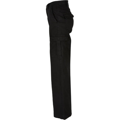 Black - Side - Urban Classics Womens-Ladies Twill High Waist Wide Leg Cargo Trousers