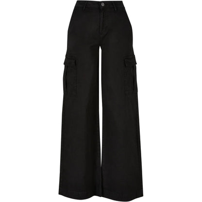 Black - Front - Urban Classics Womens-Ladies Twill High Waist Wide Leg Cargo Trousers