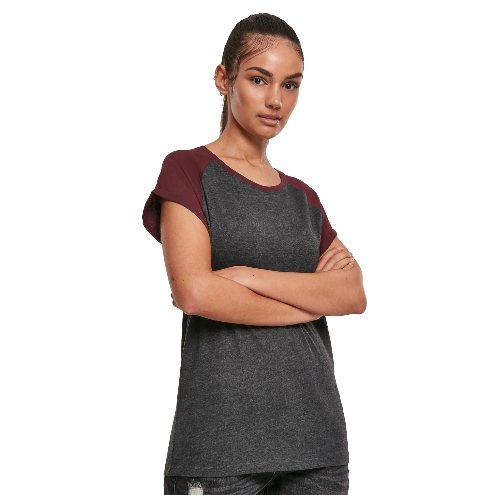 Charcoal-Red Wine - Side - Urban Classics Womens-Ladies Contrast Raglan T-Shirt