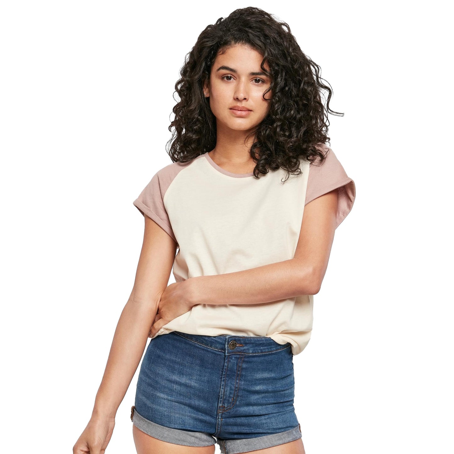 White Sand-Dusk Rose - Side - Urban Classics Womens-Ladies Contrast Raglan T-Shirt