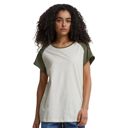White Sand-Olive - Side - Urban Classics Womens-Ladies Contrast Raglan T-Shirt