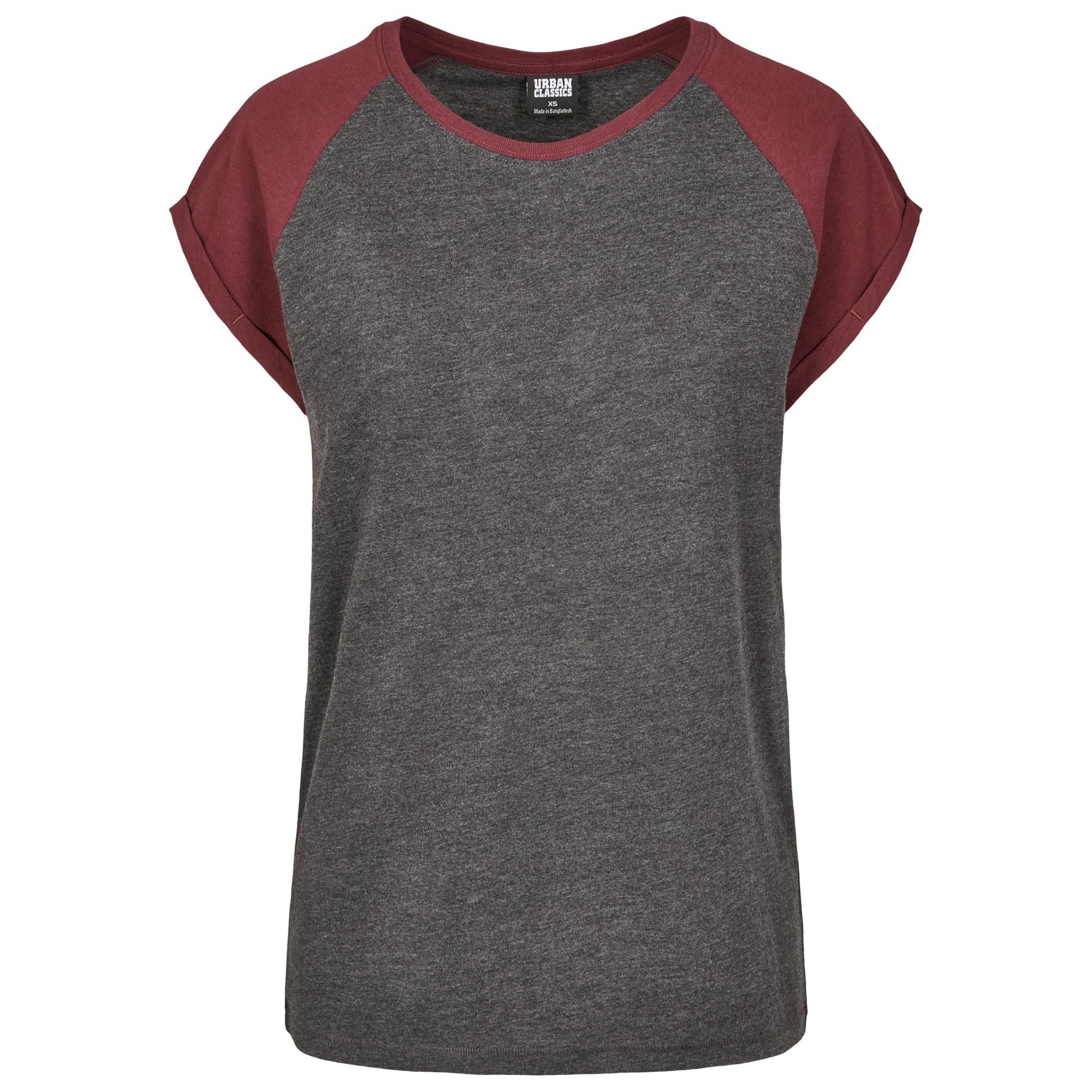 Charcoal-Red Wine - Front - Urban Classics Womens-Ladies Contrast Raglan T-Shirt