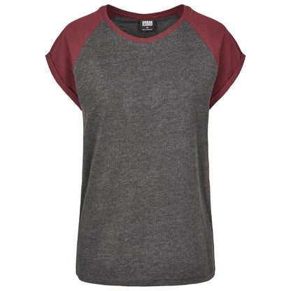 Charcoal-Red Wine - Front - Urban Classics Womens-Ladies Contrast Raglan T-Shirt