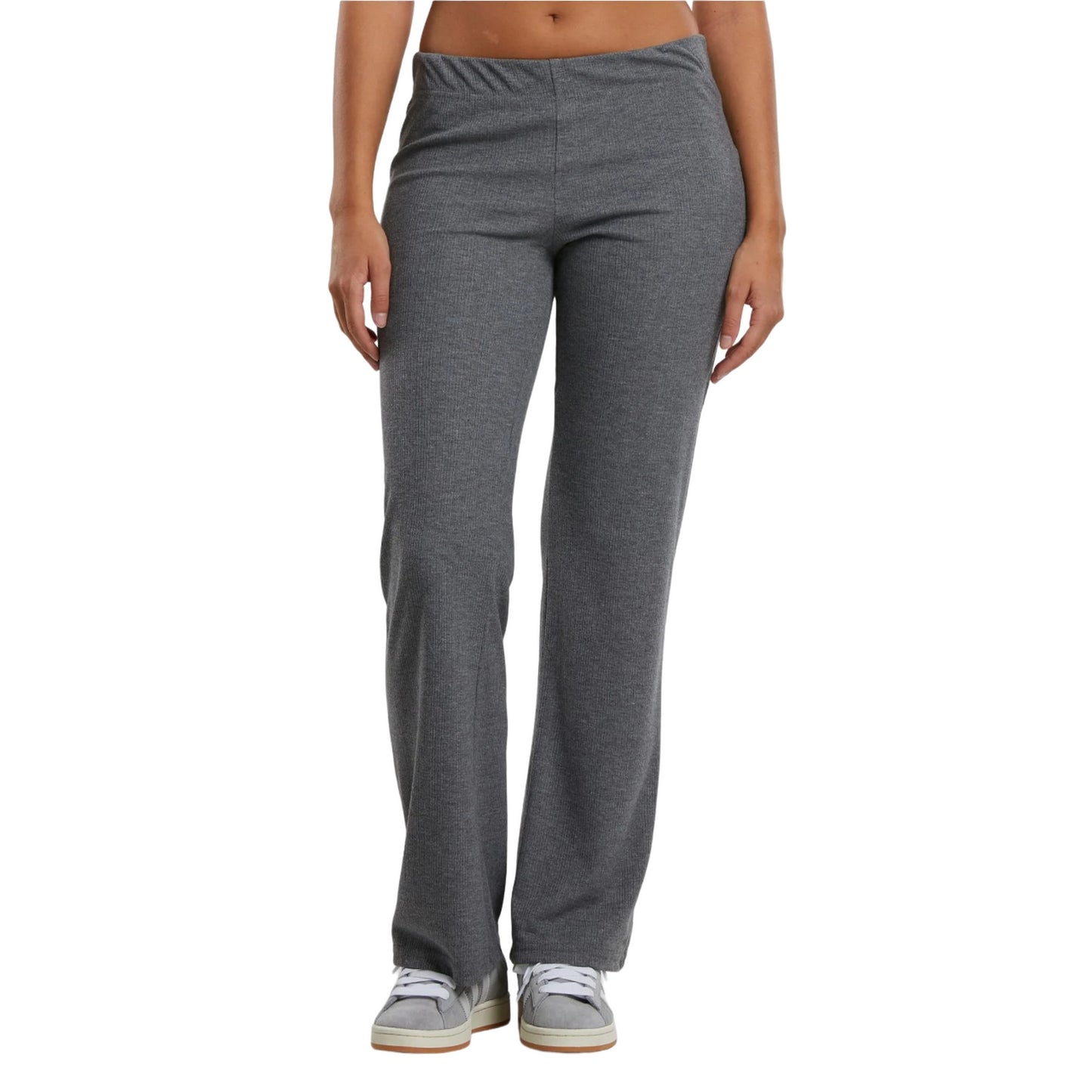 Dark Grey Melange - Front - Urban Classics Womens-Ladies Ribbed Trousers