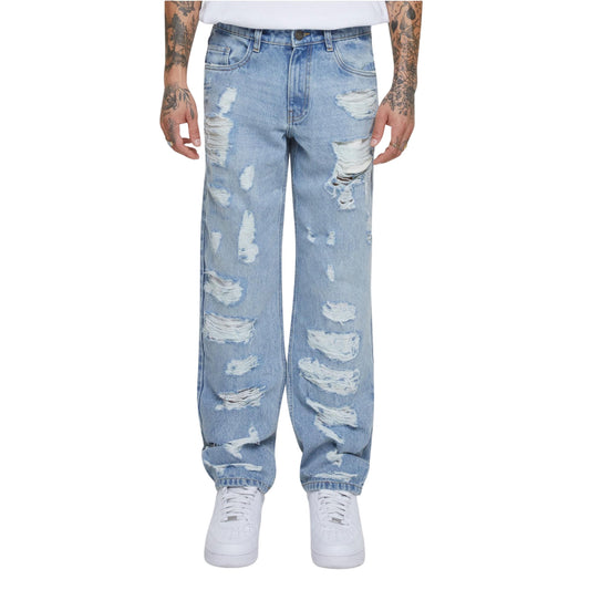 New Light Blue Washed - Front - Urban Classics Mens Heavyweight Ripped Straight Jeans