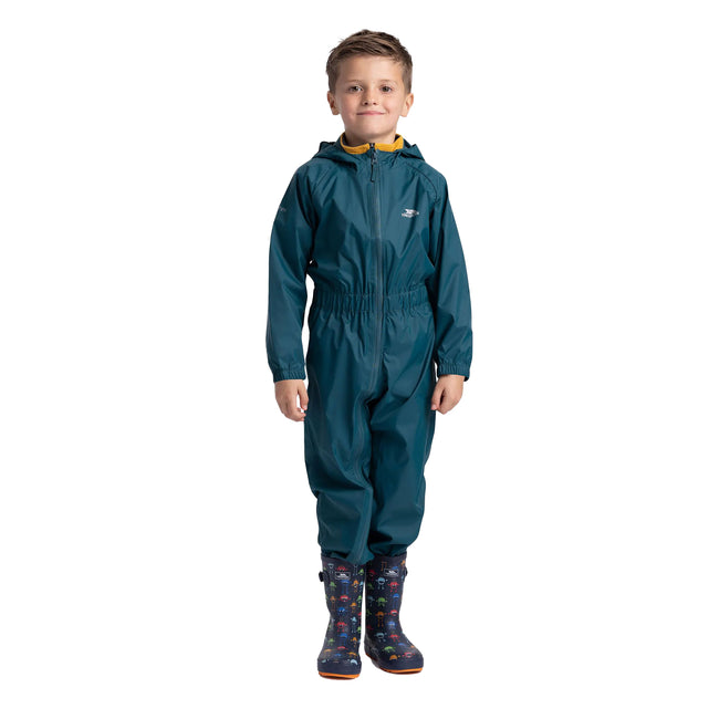 Teal - Side - Trespass Childrens-Kids Button Rain Suit