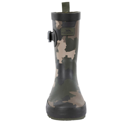 Green-Brown-Black - Close up - Trespass Childrens-Kids Puddle Camo Wellington Boots
