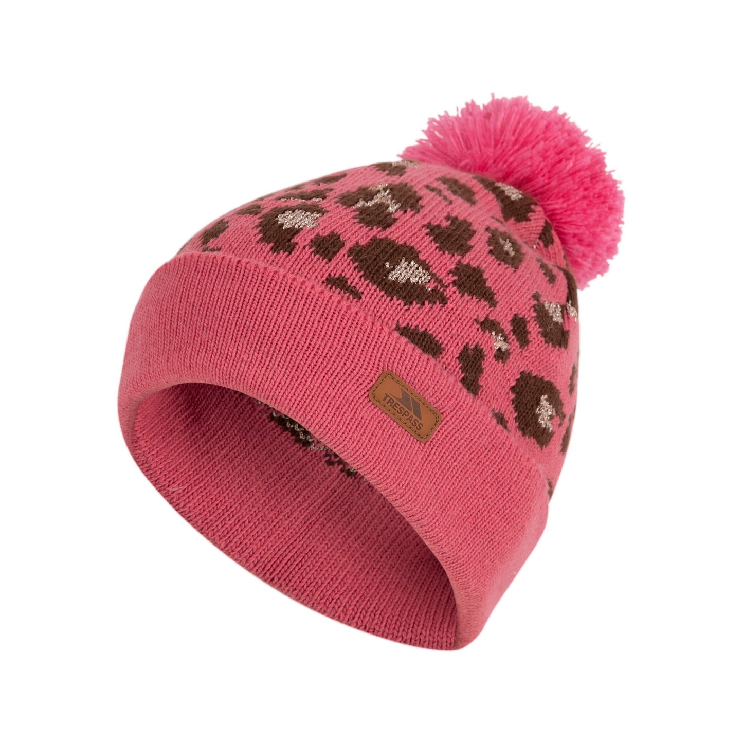 Pink Haze - Pack Shot - Trespass Girls Kaylani Leopard Print Knitted Beanie