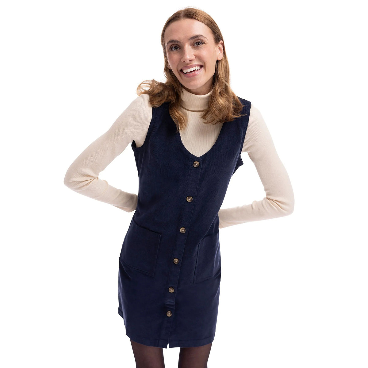 Navy - Side - Trespass Womens-Ladies Tarissa Corduroy Pinafore Dress