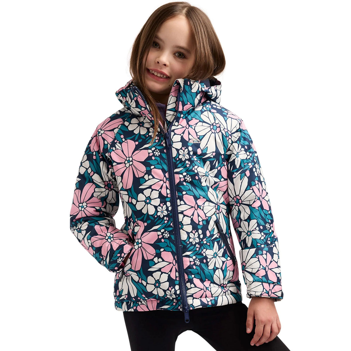 Sapphire Blue - Pack Shot - Trespass Girls Marla Flowers Waterproof Jacket