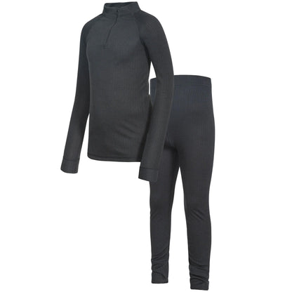 Black - Front - Trespass Kids Unisex Unite360 Thermal Base Layer Set (Top And Bottoms)