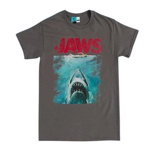 Charcoal - Front - Jaws Unisex Adult Movie Poster Distressed T-Shirt