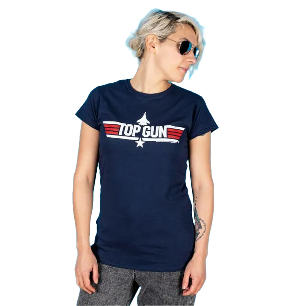 Blue - Side - Top Gun Womens-Ladies Maverick Back Print Fitted T-Shirt