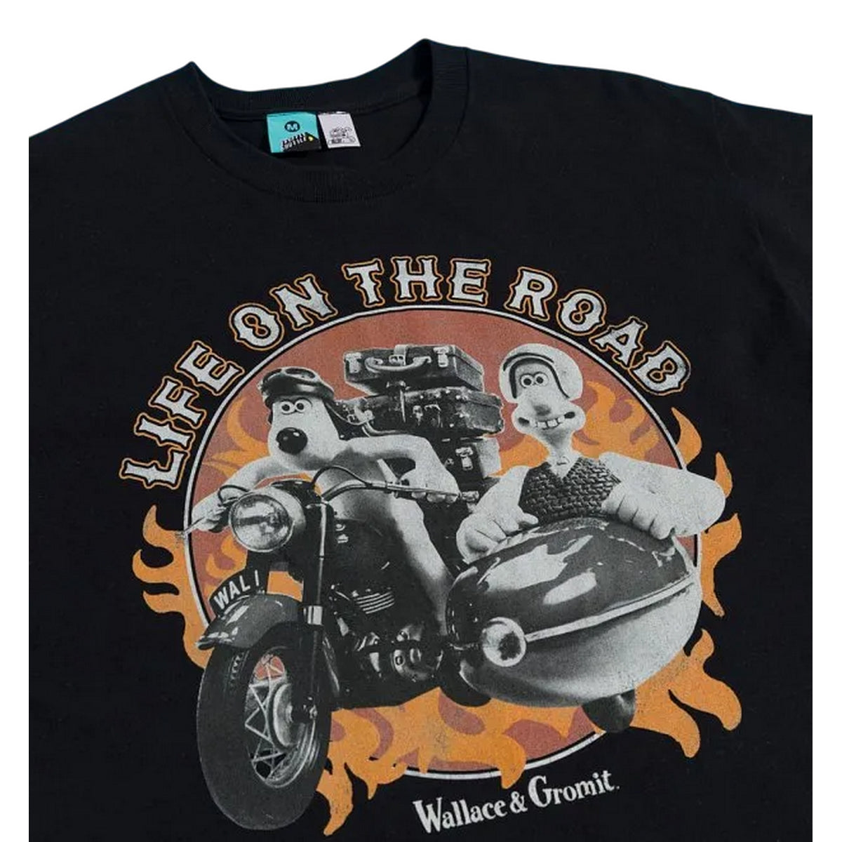 Black - Side - Wallace and Gromit Unisex Adult Life On The Road Biker Back Print T-Shirt