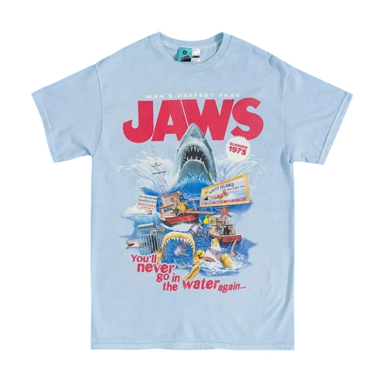 Blue - Front - Jaws Unisex Adult Movie Montage Vintage Wash T-Shirt