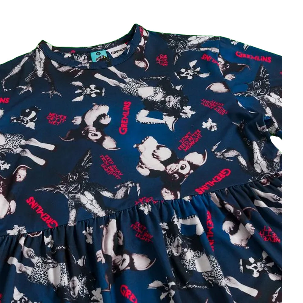 Navy - Side - Gremlins Womens-Ladies Smoky All-Over Print Smock Dress