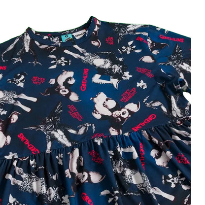 Navy - Side - Gremlins Womens-Ladies Smoky All-Over Print Smock Dress