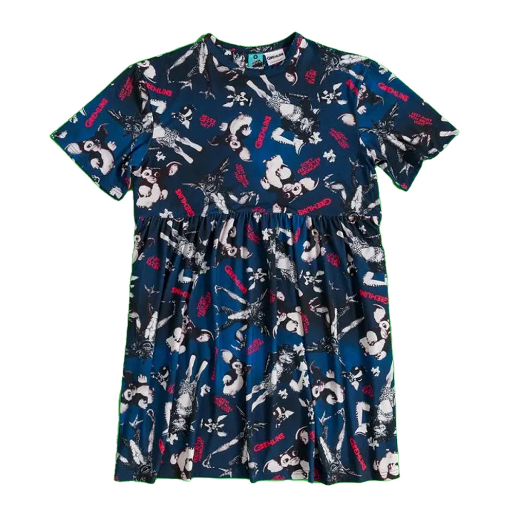 Navy - Front - Gremlins Womens-Ladies Smoky All-Over Print Smock Dress
