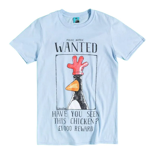 Blue - Front - Wallace and Gromit Unisex Adult Feathers McGraw Wanted Poster T-Shirt