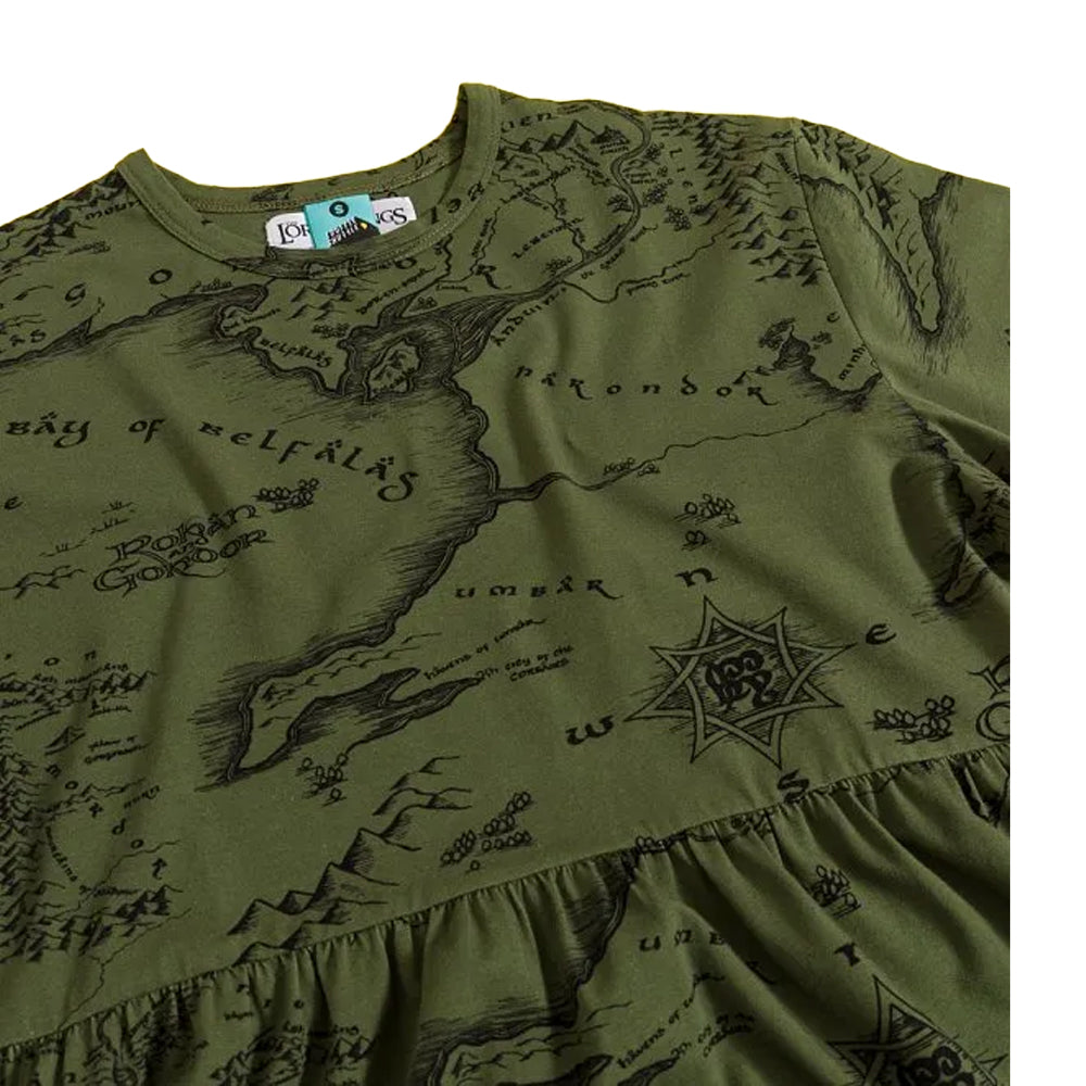 Khaki Green - Side - The Lord Of The Rings Womens-Ladies Map Smock Dress