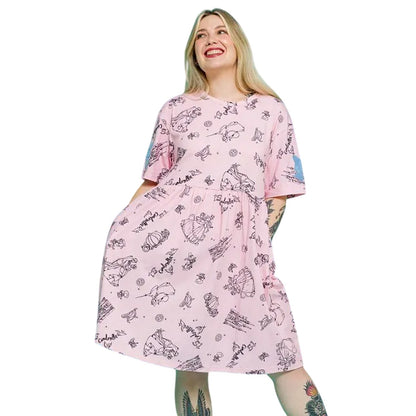 Pink - Side - Cinderella Womens-Ladies Fairytale Bows Smock Dress