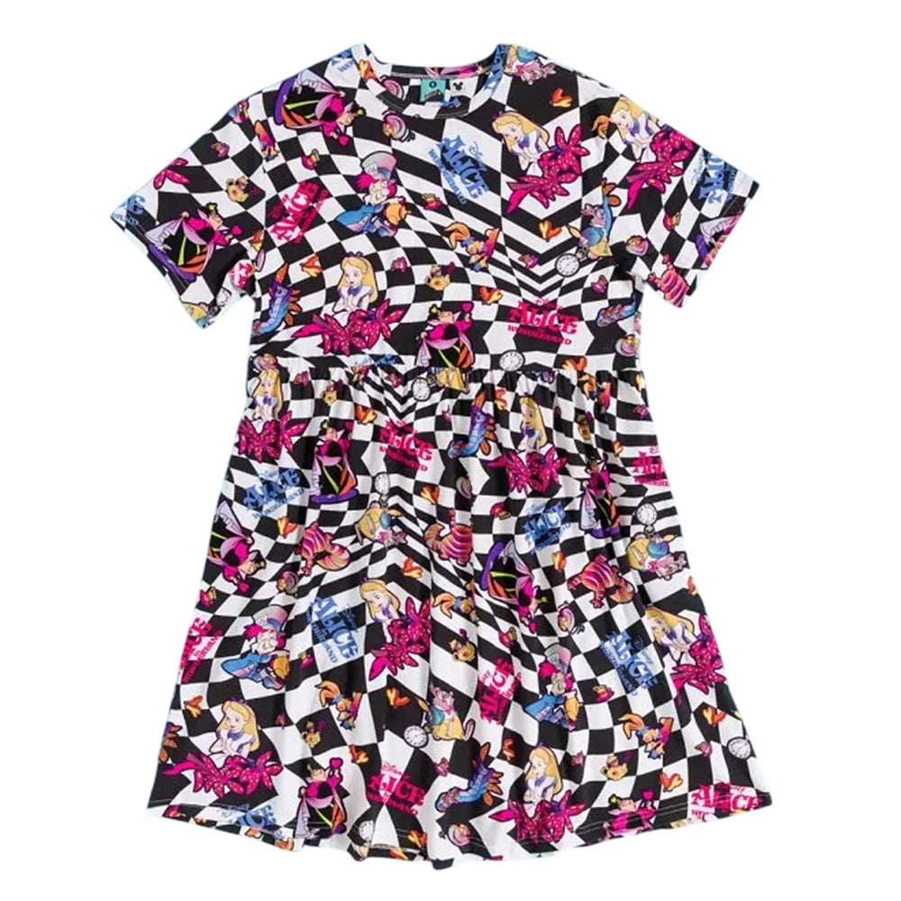 Multicoloured - Front - Alice In Wonderland Womens-Ladies Checked All-Over Print Smock Dress