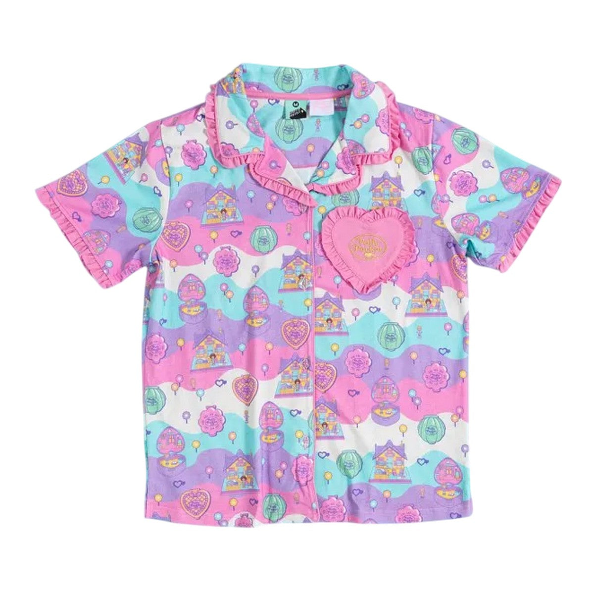 Pink - Back - Polly Pocket Womens-Ladies Frill Button-Down Pyjama Set