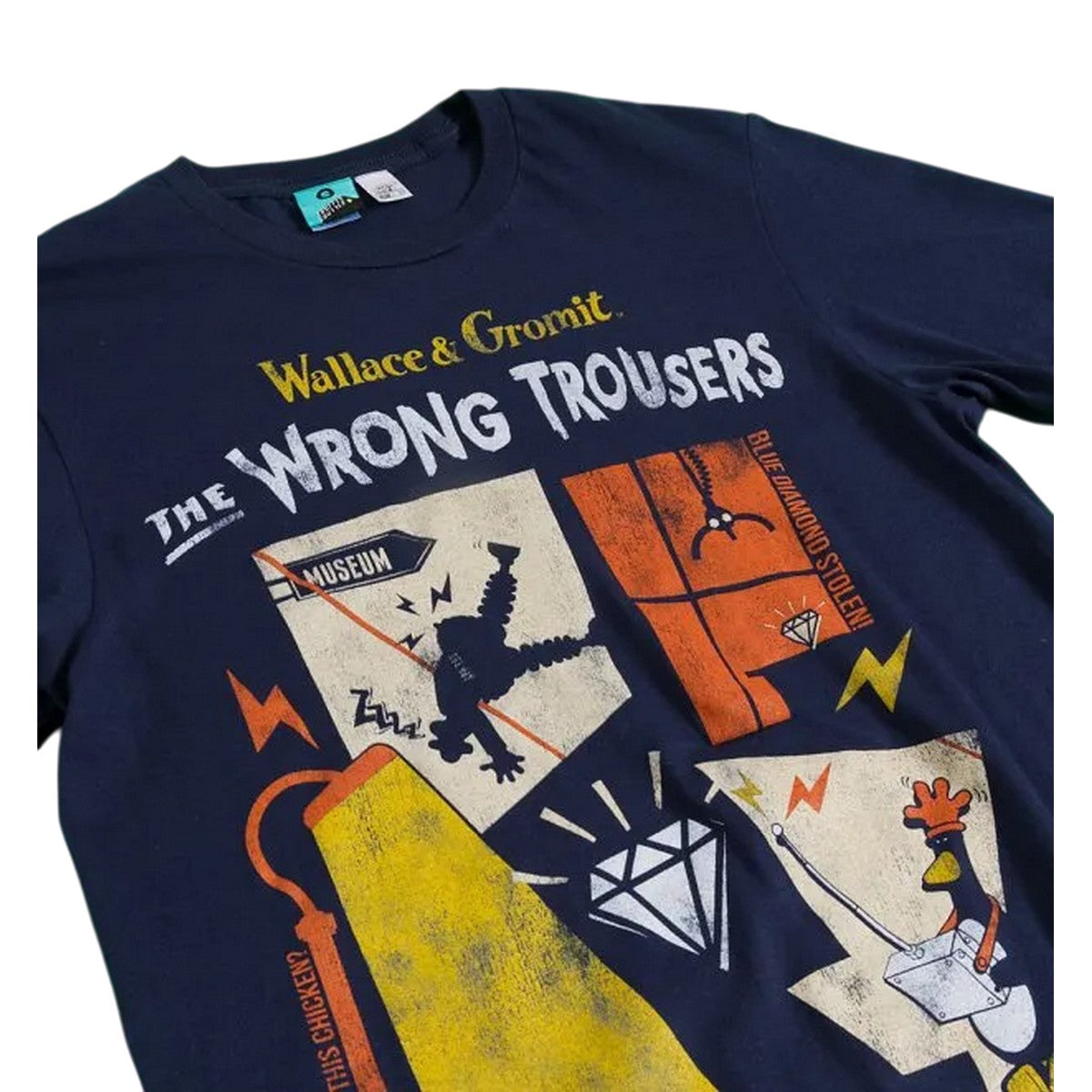Navy - Side - Wallace and Gromit Unisex Adult The Wrong Trousers Diamond T-Shirt