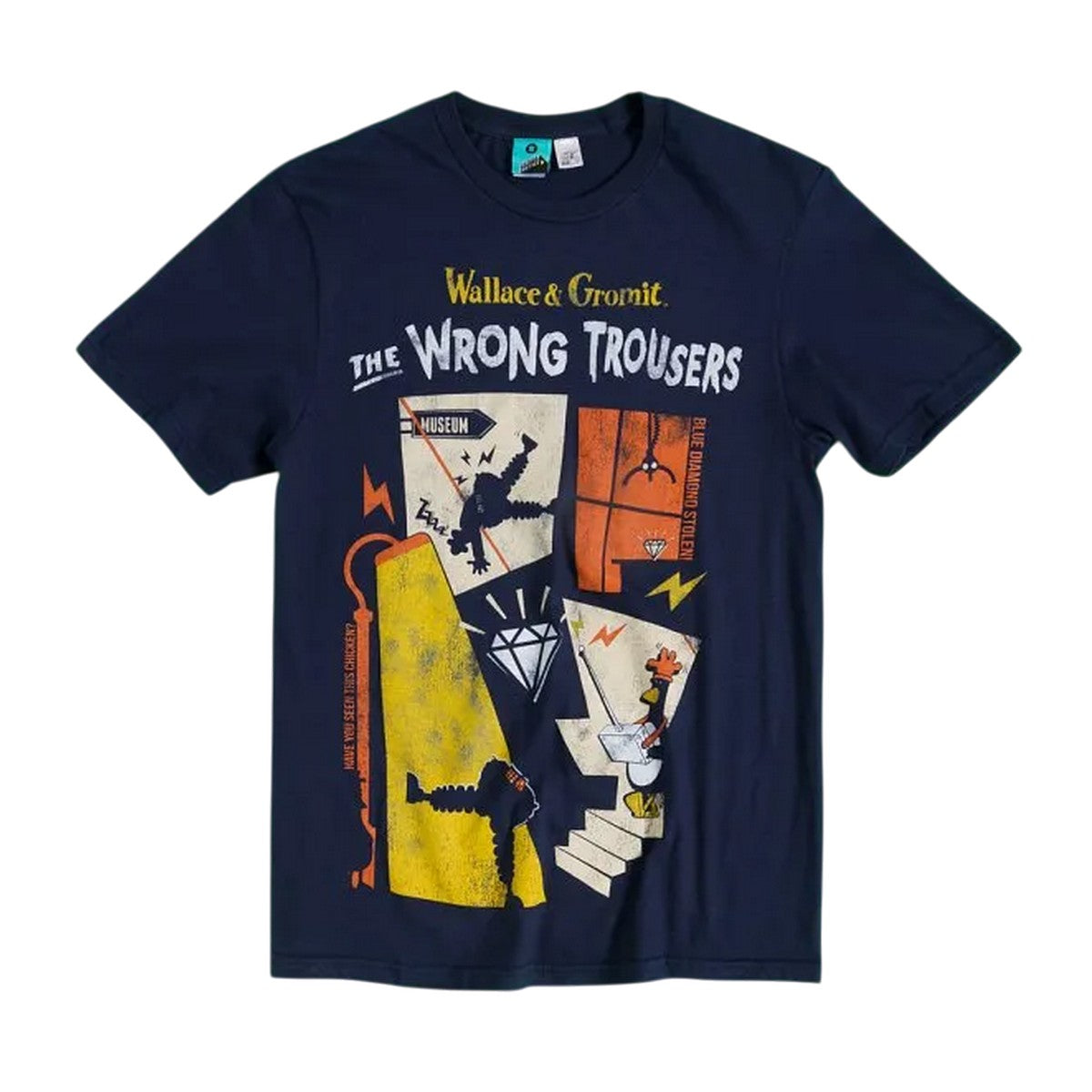 Navy - Front - Wallace and Gromit Unisex Adult The Wrong Trousers Diamond T-Shirt