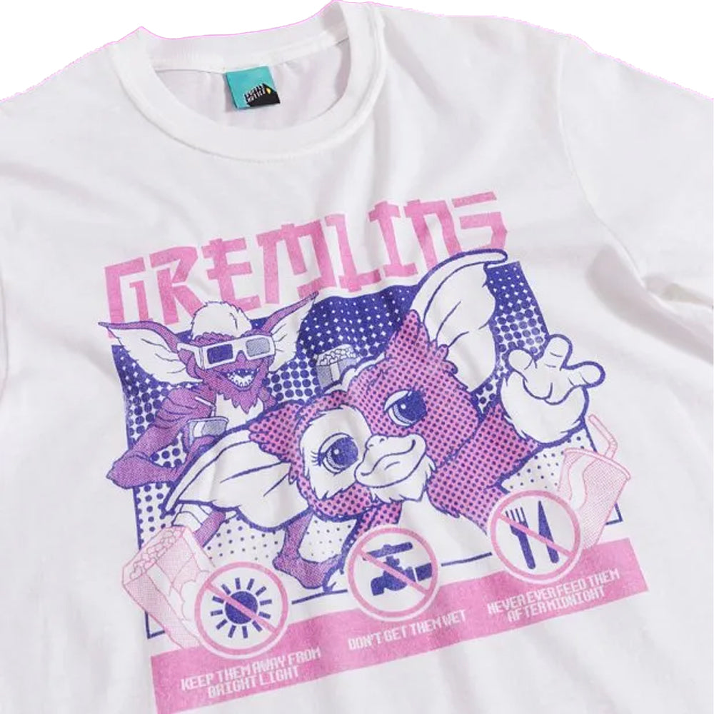 White - Side - Gremlins Unisex Adult Cyber Stripe & Gizmo T-Shirt