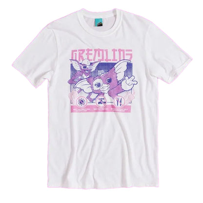 White - Front - Gremlins Unisex Adult Cyber Stripe & Gizmo T-Shirt