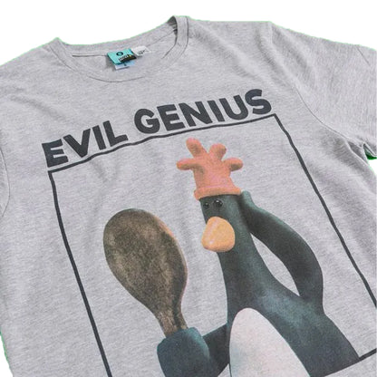 Grey Marl - Side - Wallace and Gromit Unisex Adult Evil Genius Feathers McGraw T-Shirt