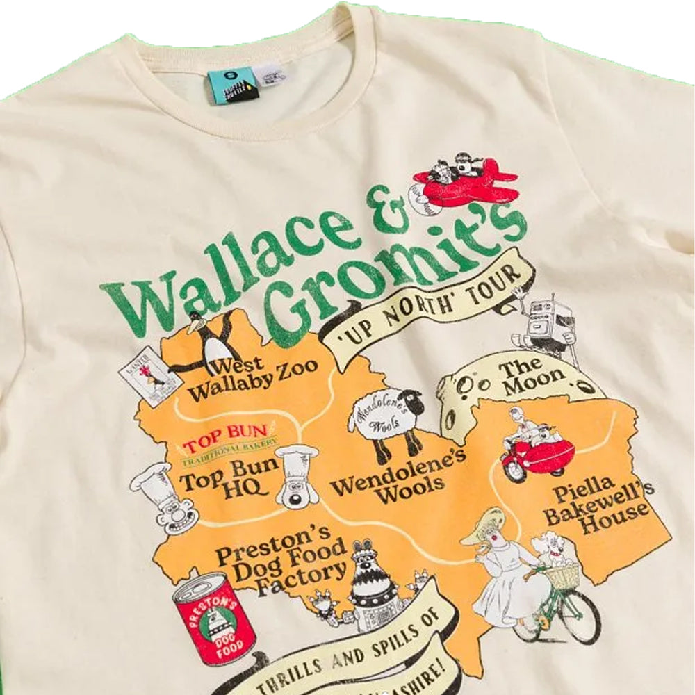 Natural - Side - Wallace and Gromit Unisex Adult Up North Map Tour T-Shirt
