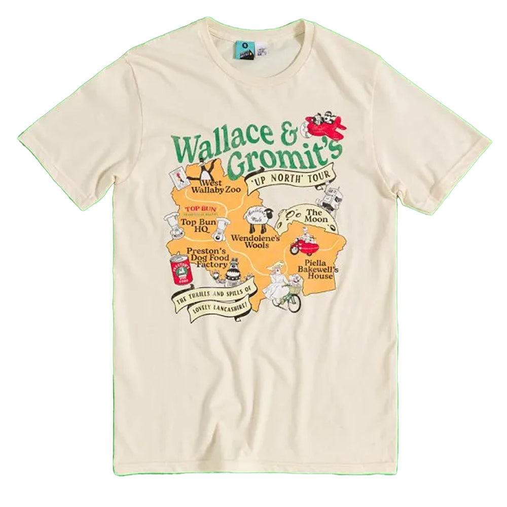 Natural - Front - Wallace and Gromit Unisex Adult Up North Map Tour T-Shirt