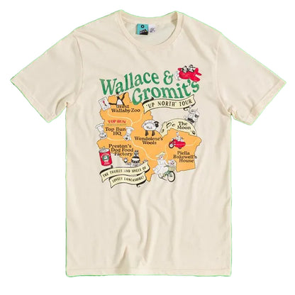 Natural - Front - Wallace and Gromit Unisex Adult Up North Map Tour T-Shirt