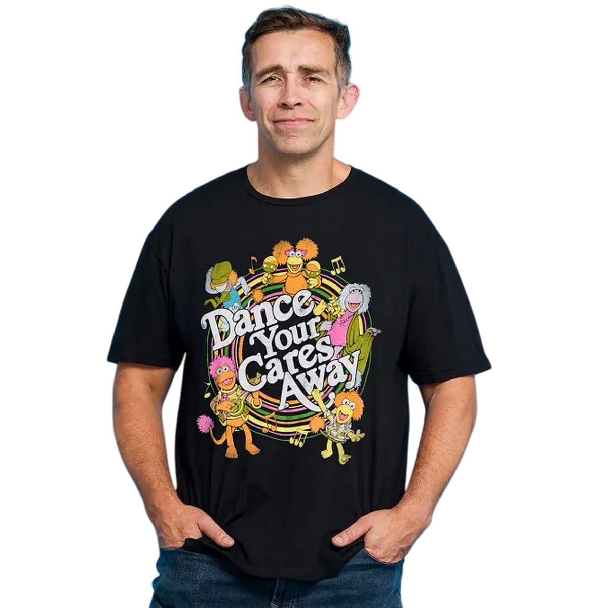 Black-Charcoal - Side - Fraggle Rock Unisex Adult Dance Your Cares Away Swirl T-Shirt