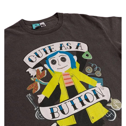 Black-Charcoal - Side - Coraline Unisex Adult Cute As A Button T-Shirt