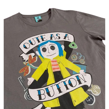 Black-Charcoal - Side - Coraline Womens-Ladies Cute As A Button Doll Fitted T-Shirt