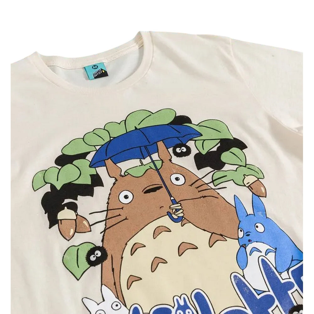 White-Off White - Side - My Neighbour Totoro Unisex Adult Inspired Leafy Scene T-Shirt