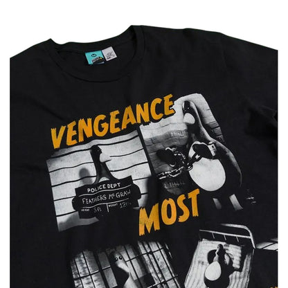 Black - Side - Wallace & Gromit: Vengeance Most Fowl Unisex Adult Prison Scene Feathers McGraw T-Shirt