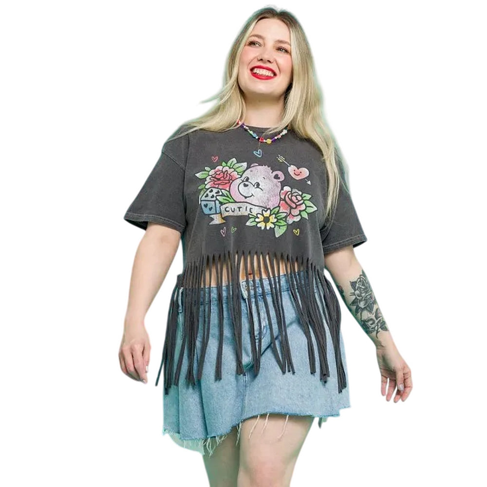 Charcoal - Lifestyle - Care Bears Womens-Ladies Tattoo Bear Washed Fringed T-Shirt