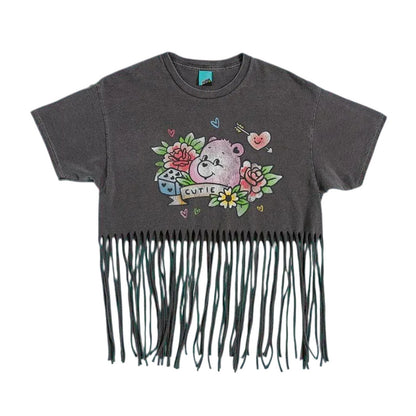 Charcoal - Front - Care Bears Womens-Ladies Tattoo Bear Washed Fringed T-Shirt