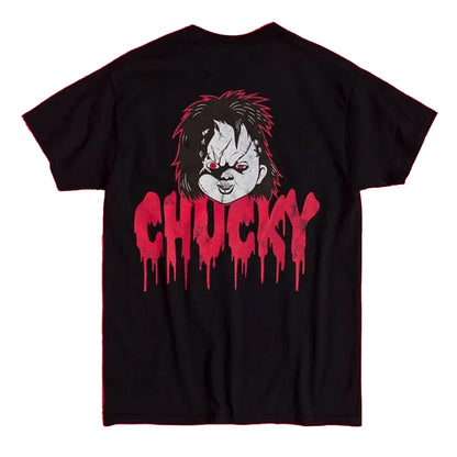 Black - Back - Childs Play Unisex Adult Chucky Dripping Logo Back Print T-Shirt