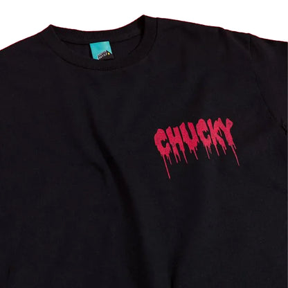 Black - Side - Childs Play Unisex Adult Chucky Dripping Logo Back Print T-Shirt