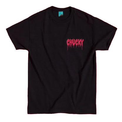 Black - Front - Childs Play Unisex Adult Chucky Dripping Logo Back Print T-Shirt